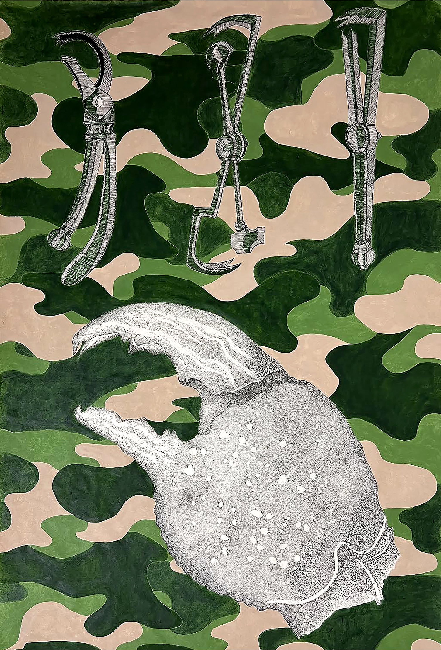 	Thereza Salazar, 2024, S&eacute;rie Camuflagens, desenho nanquim, tinta acr&iacute;lica sobre papel japon&ecirc;s, 94 x 64cm