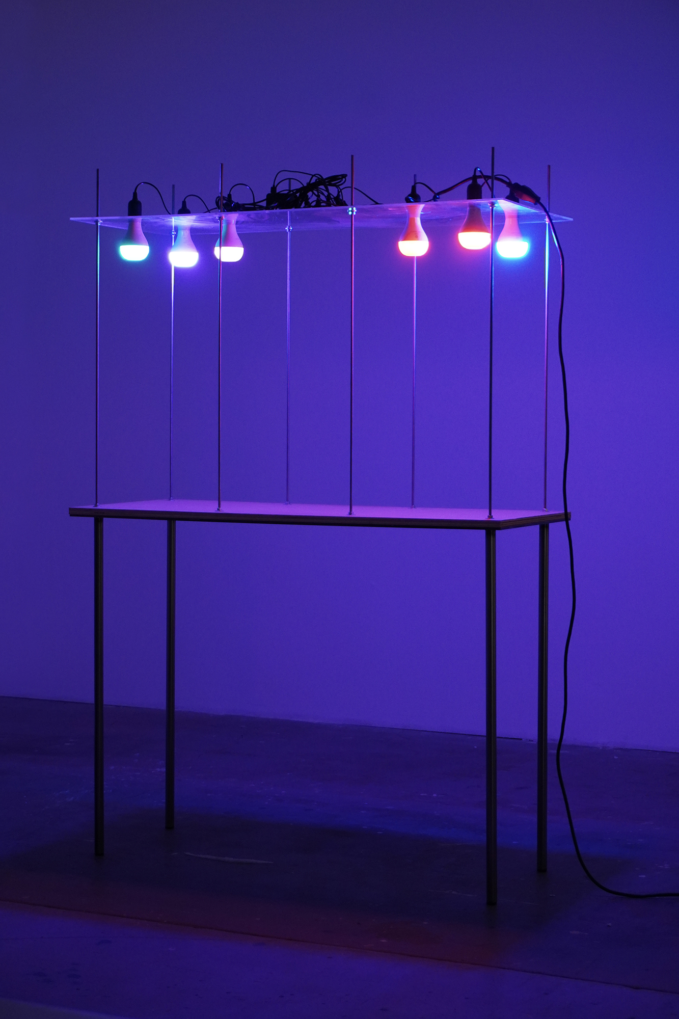	Carousel, 2024

	Acr&iacute;lica, madeira, a&ccedil;o, alto-falantes com l&acirc;mpadas, reprodutor de m&iacute;dia e grava&ccedil;&otilde;es de &aacute;udio

	184,2 &times; 50,8 &times; 121,9 cm